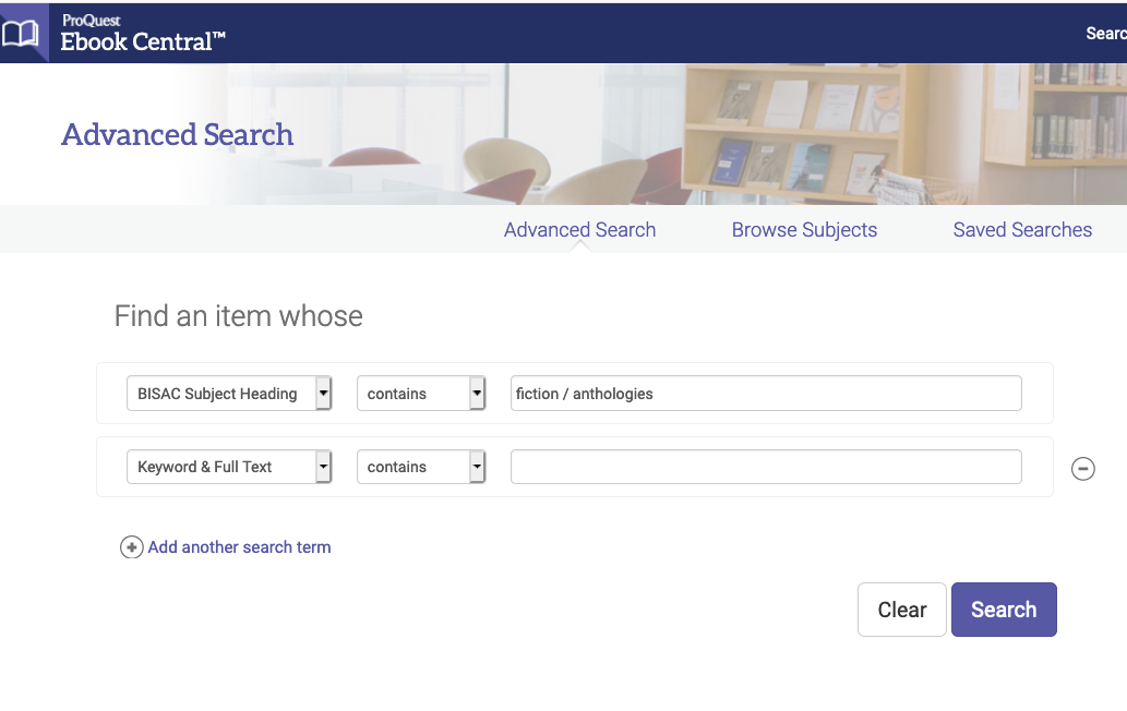 Proquest Ebook Central's search interface can dial the BISAC subject field search and apply "fiction / anthologies"