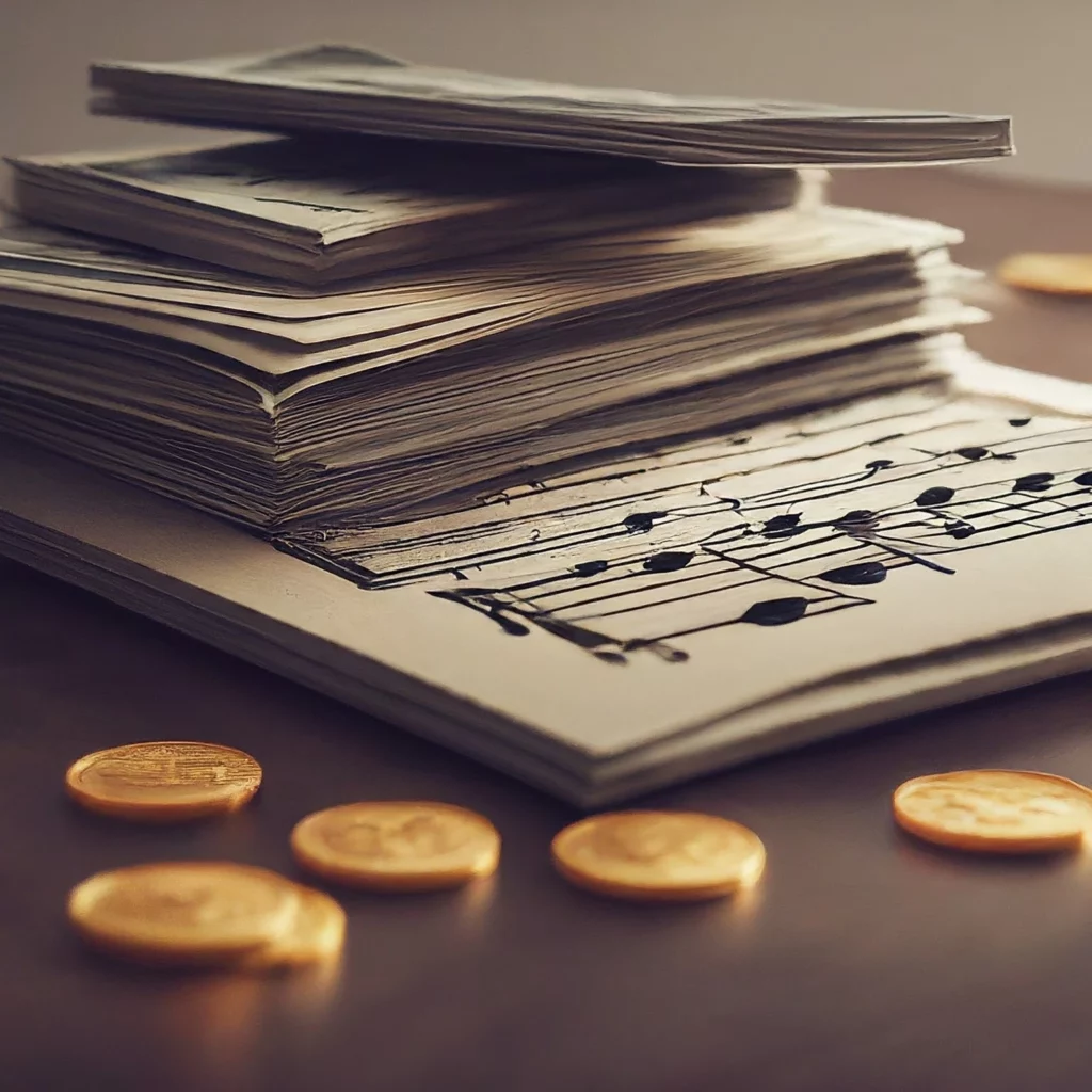 Sheet music with coins on a table