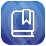 Das Logo für die Destiny Discover App ist ein weißer Umriss eines Buches und eines Lesezeichens vor einem blauen Feld mit einer subtilen helleren Blauschattierung des Follett-Logos.