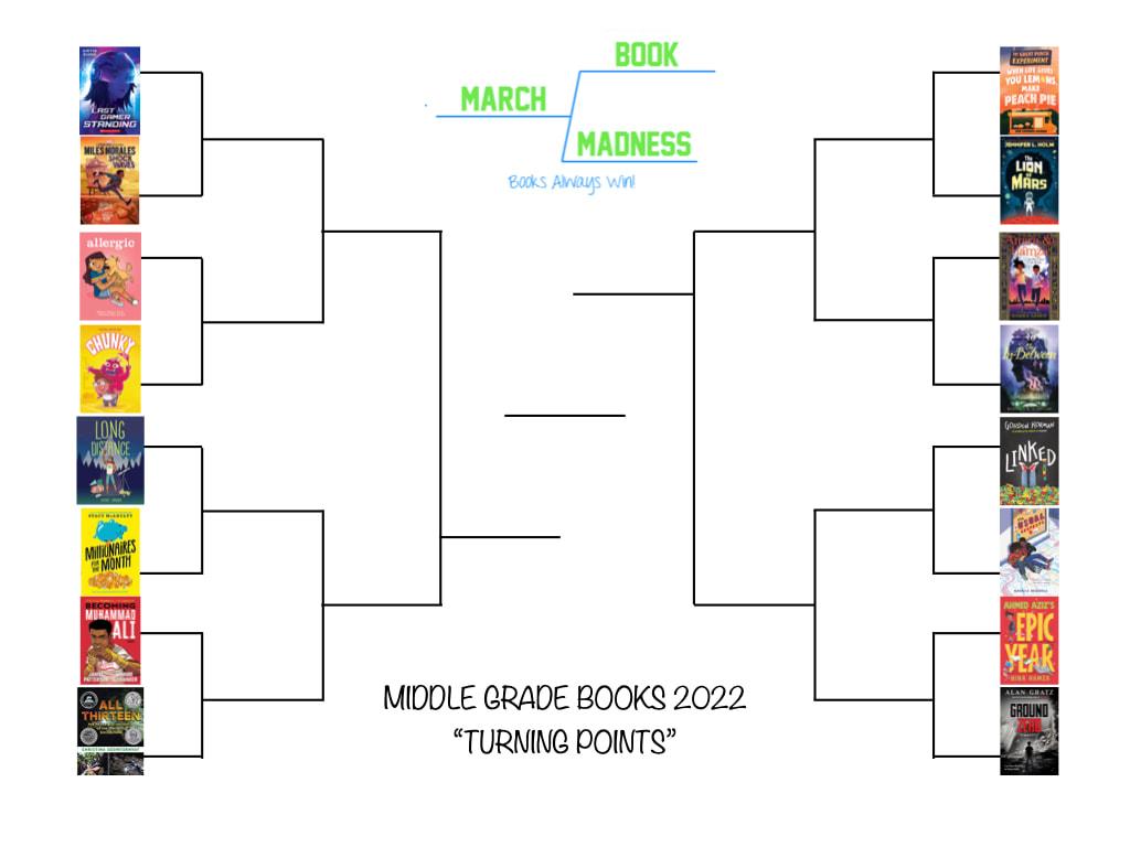 Sixteen book covers listing the March Book Madness bracket