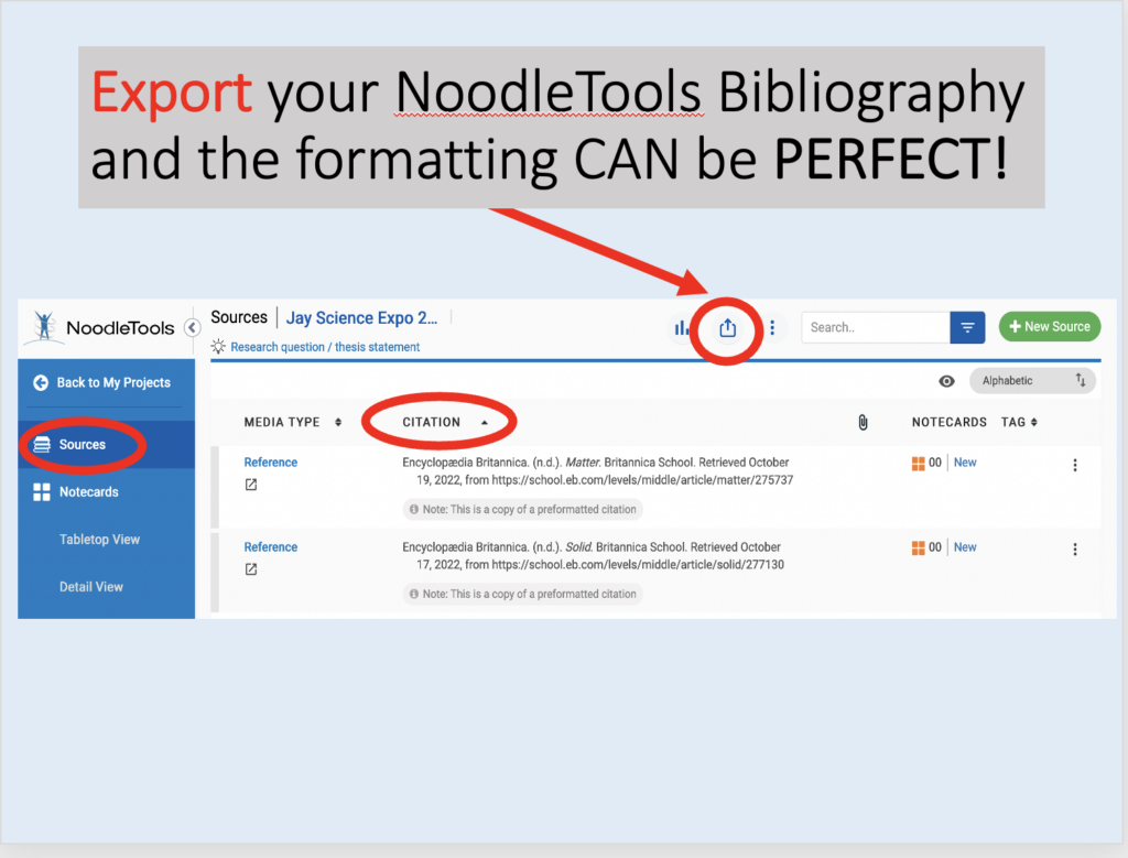Source Screen has box and arrow at top to click to export the bibliography in optimal formatting.