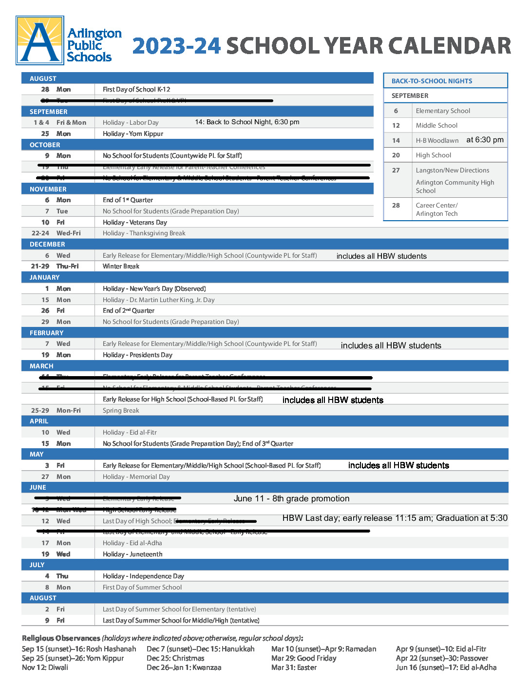 APS Calendar HB Woodlawn