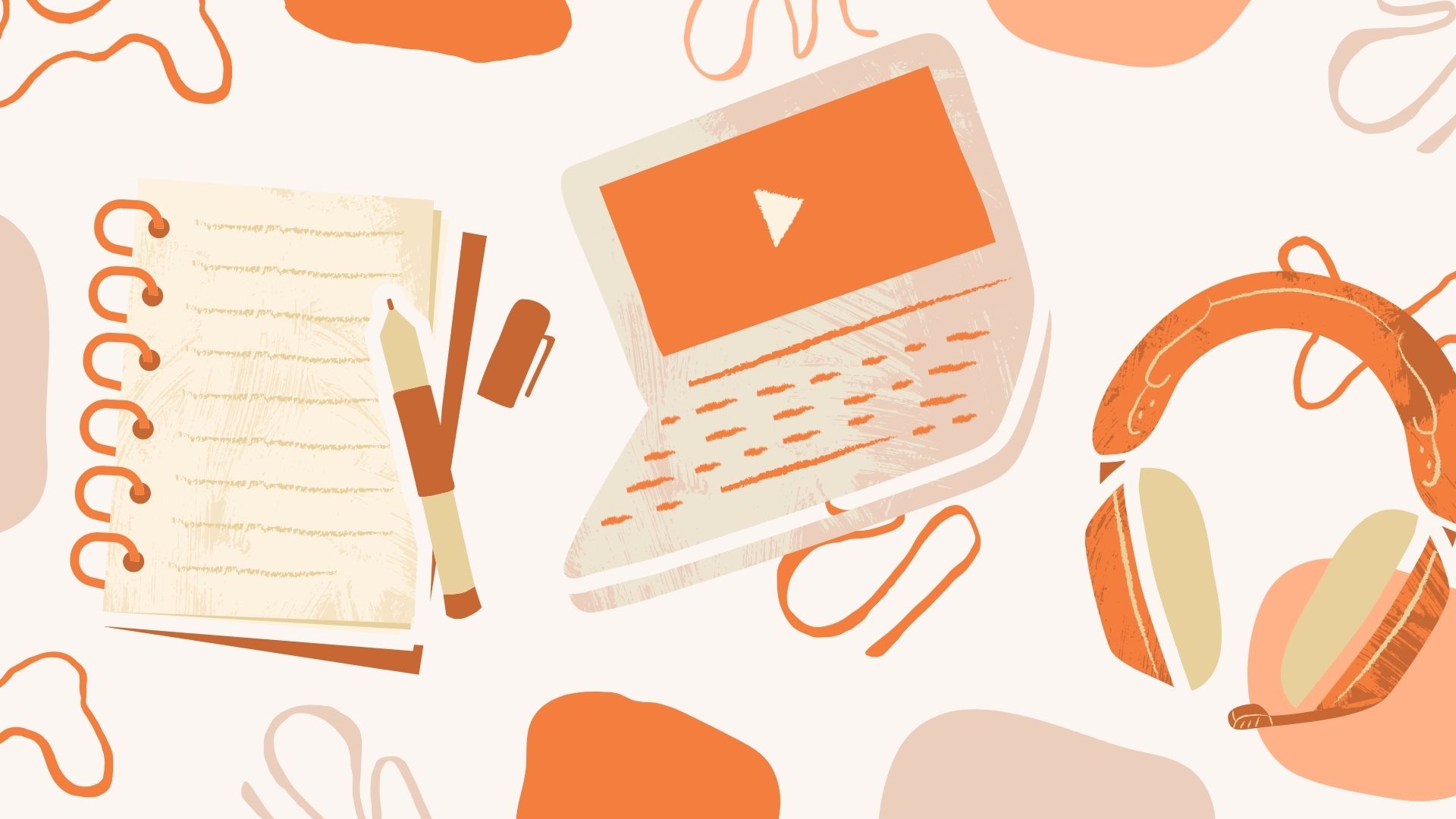 Orange colored graphic with notebook, pen, laptop, and headphones