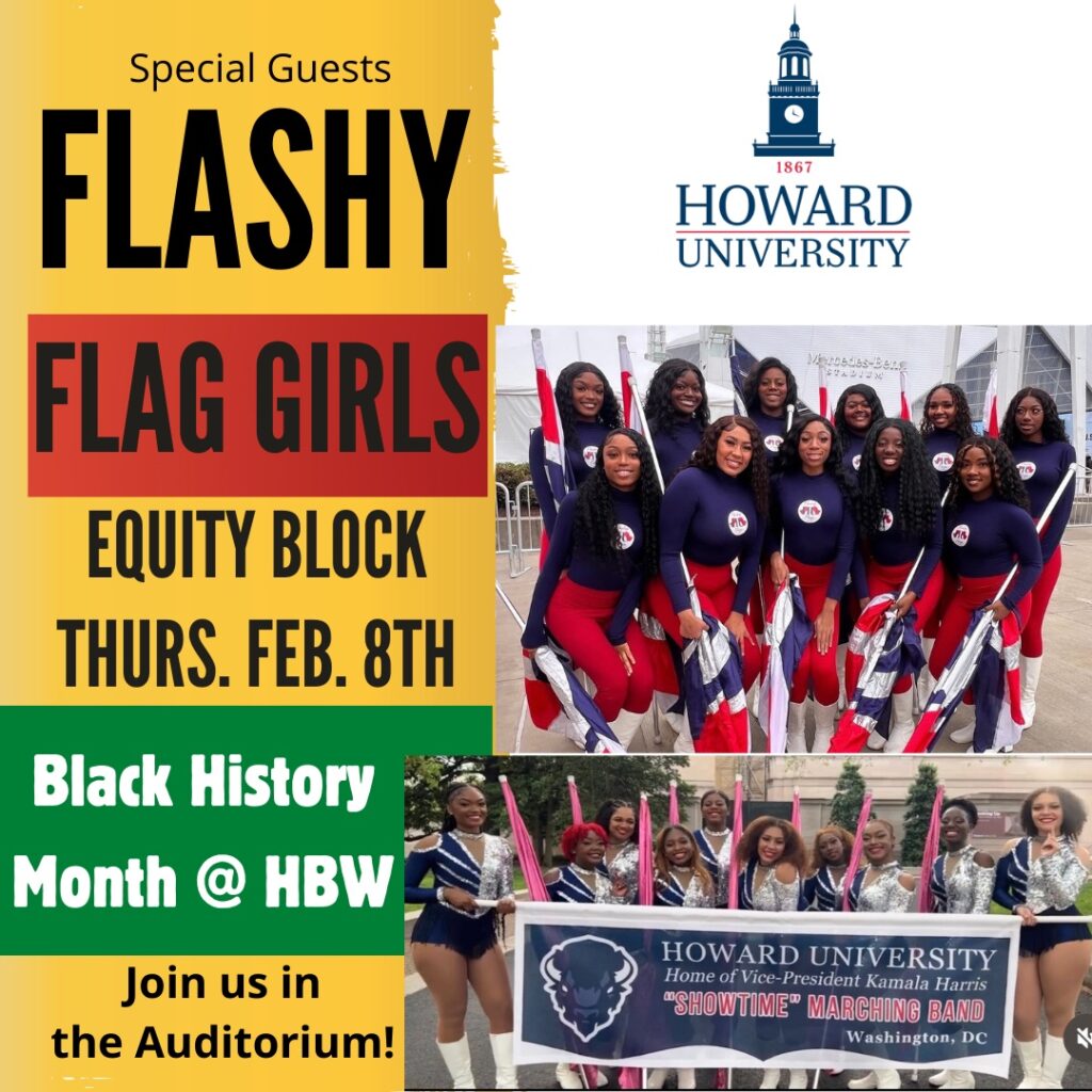 Picture of Flag Girls with the wording "Flag Girls, Equity Block, Thursday, Feb. 8th" and "Join us in the Auditorium!"
