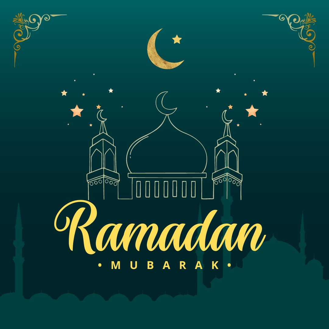 Ramadan Mubarak - Green background with yellow letters with moon, stars, and a mosque