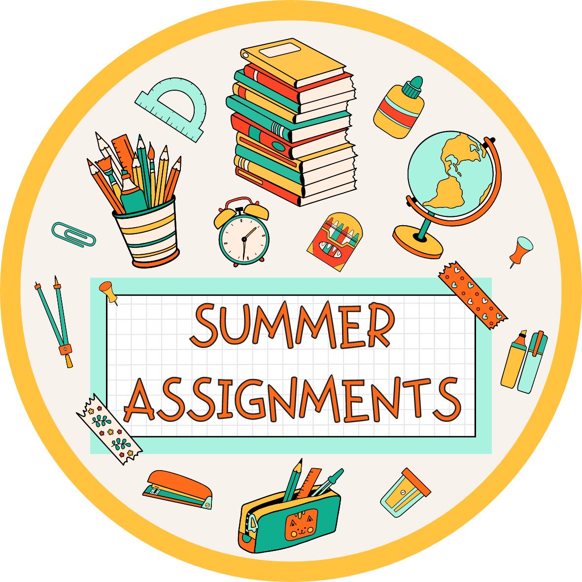 Summer Assignments - books and other school supplies and symbols