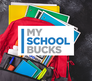 Backpack with colorful notebooks coming out of it with the words "My School Bucks"