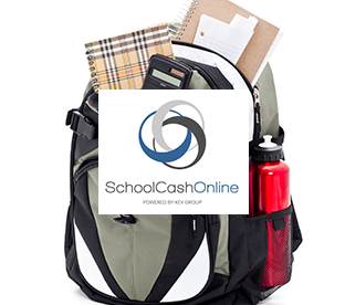 Backpack with items coming out of it with the SchoolCash Online logo