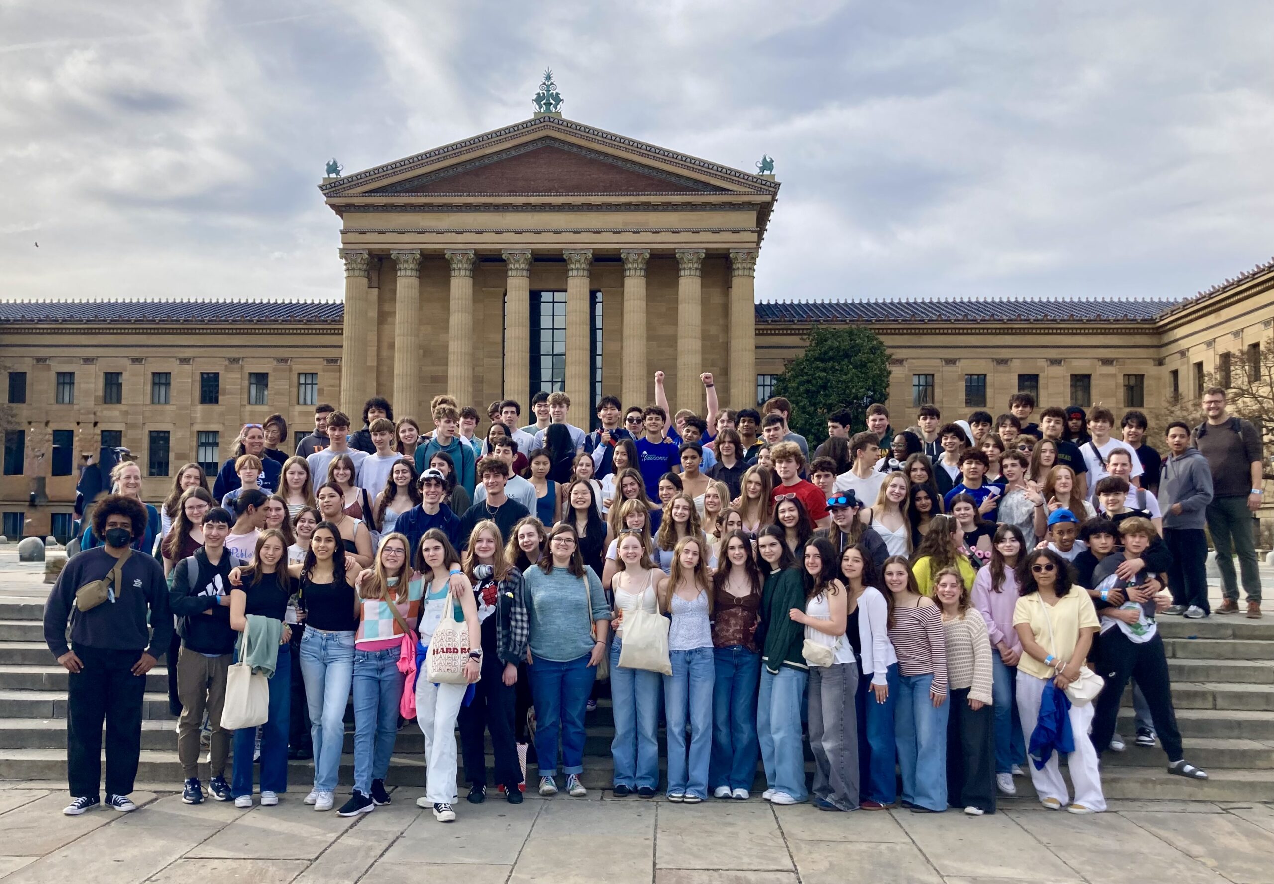 Group photo of HBW music students in front of Philadelphia Museum of Art