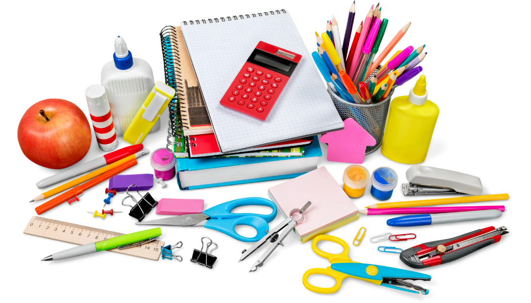 A bunch of school supplies with white background